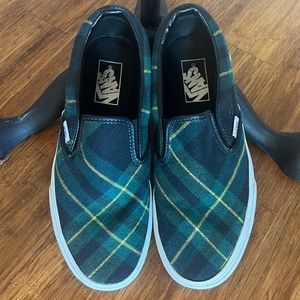 Vans Slip Ons women’s 9 men’s 7 1/2. Green plaid